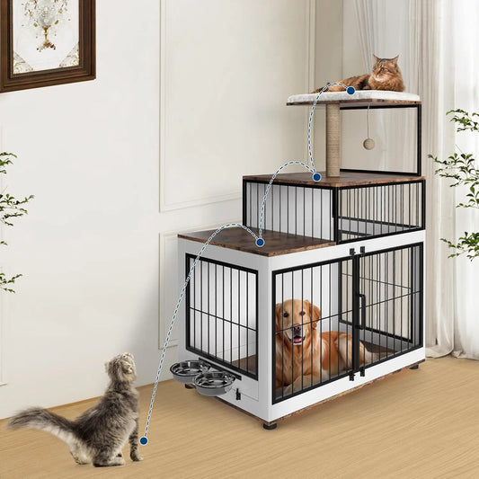 HiMISS Multifunctional Dog Crate With Cat Tower And Shelving