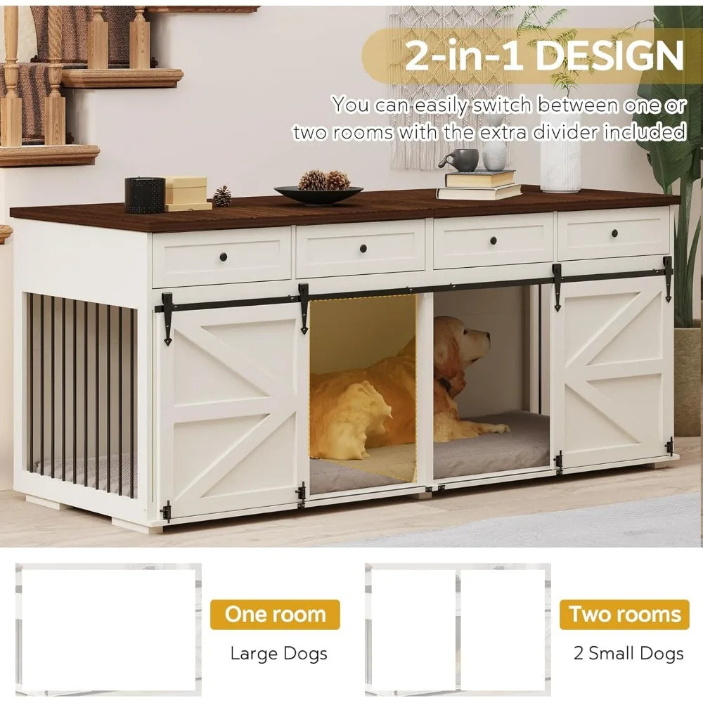 Indoor Wooden Dog Crate With Drawers And Sliding Barn Doors
