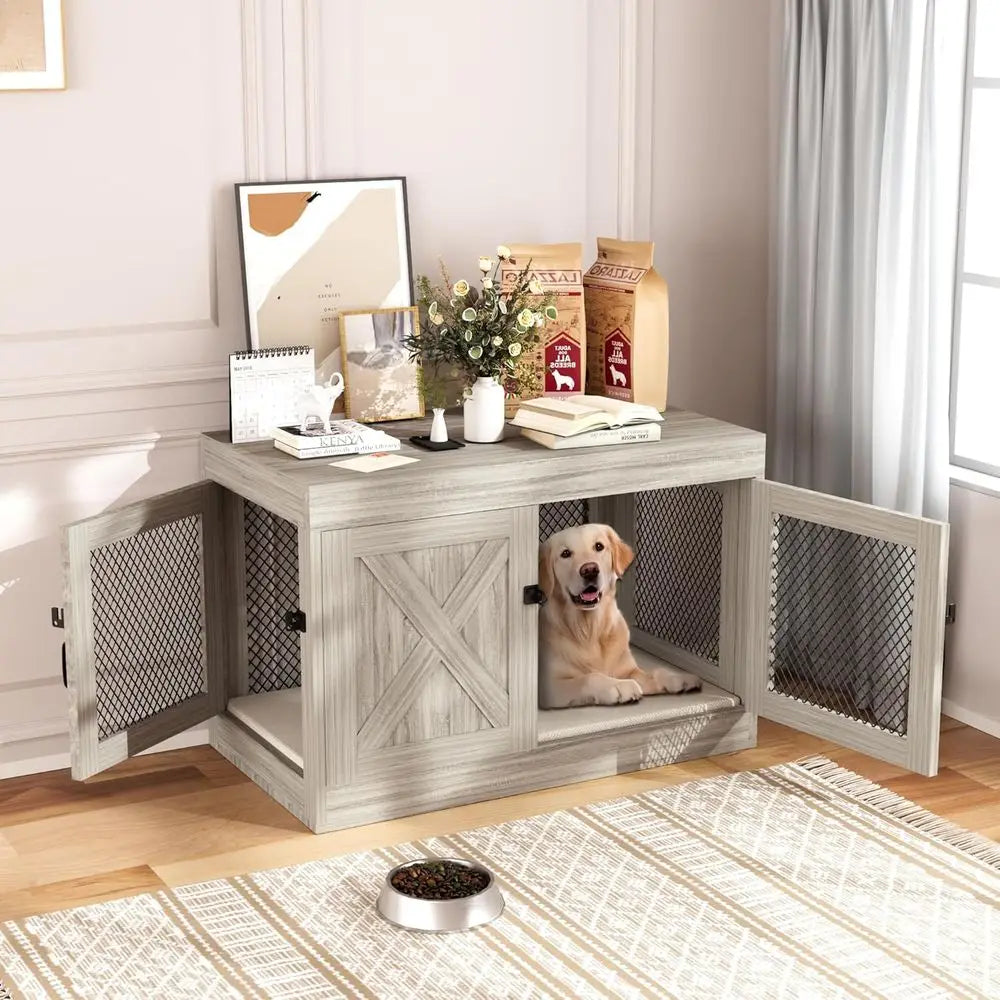 Wooden Dog Kennel End Table With Mesh For Indoor Use