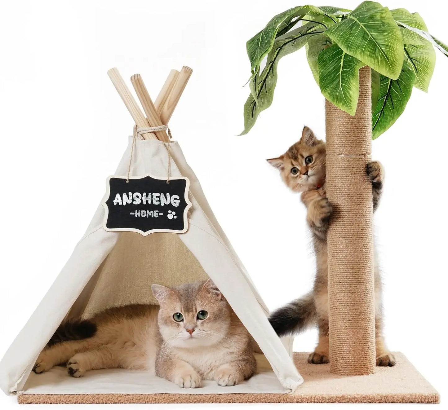 MEWOOFUN Cat Scratching Post Teepee Tree With Simulated Leaves