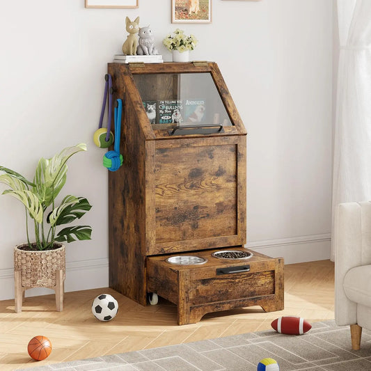 Hign-concerned Dog Feeding Station With Elevated Bowls Storage Cabinet