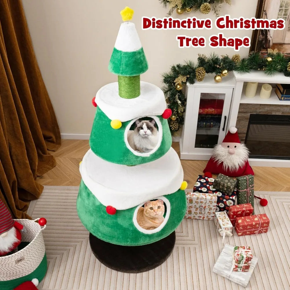 Christmas Themed Cat Tree With Two Condos And Scratching Posts
