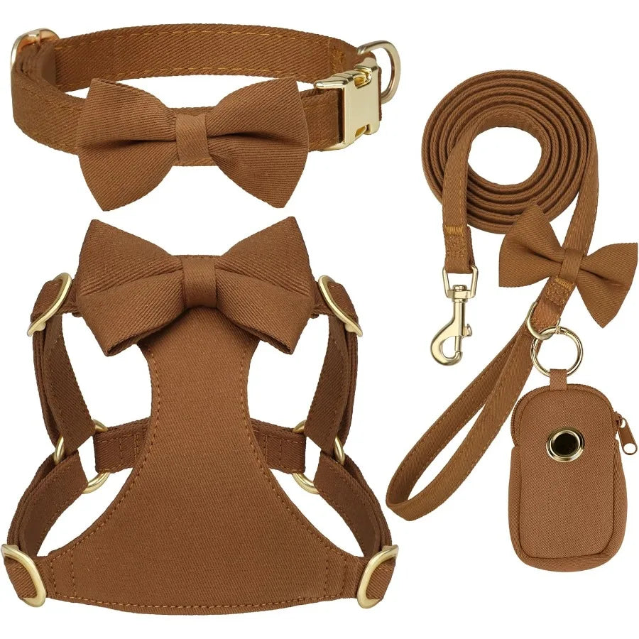 Dog Harness Set With Detachable Bows Adjustable Step In Harness Leash