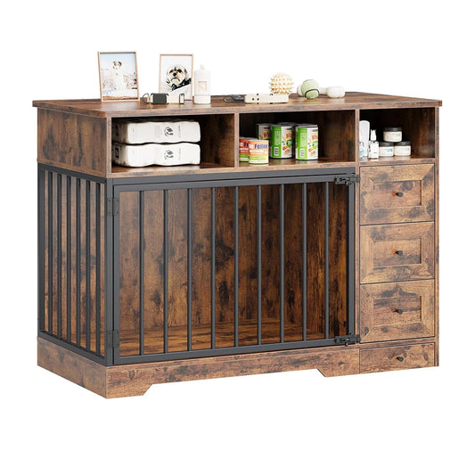HiMISSH Farmhouse Dog Crate Furniture With Bowl And Drawers