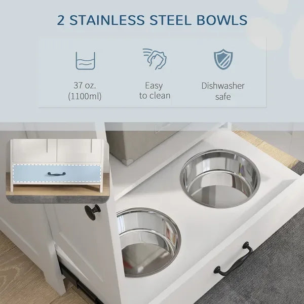 Pet Feeding Station With Hidden Double Bowls And Storage