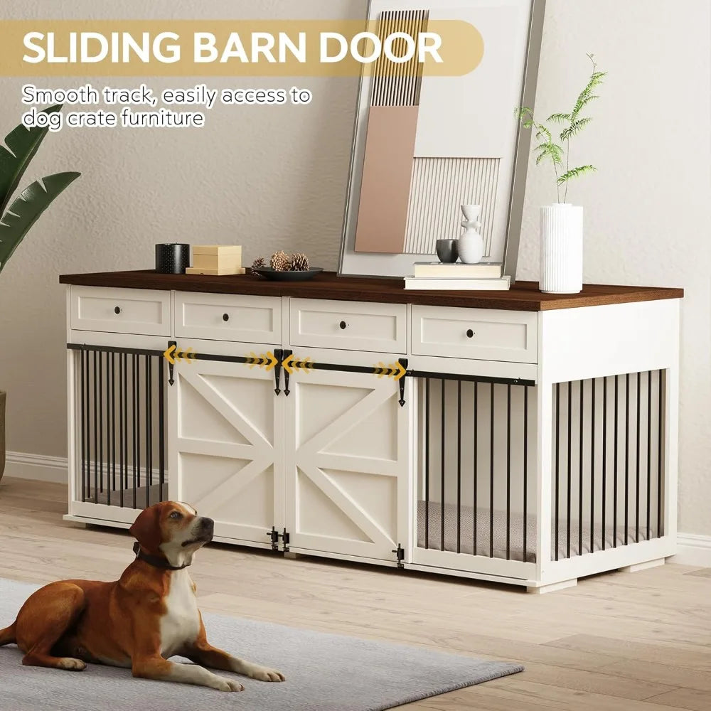 Indoor Wooden Dog Crate With Drawers And Sliding Barn Doors
