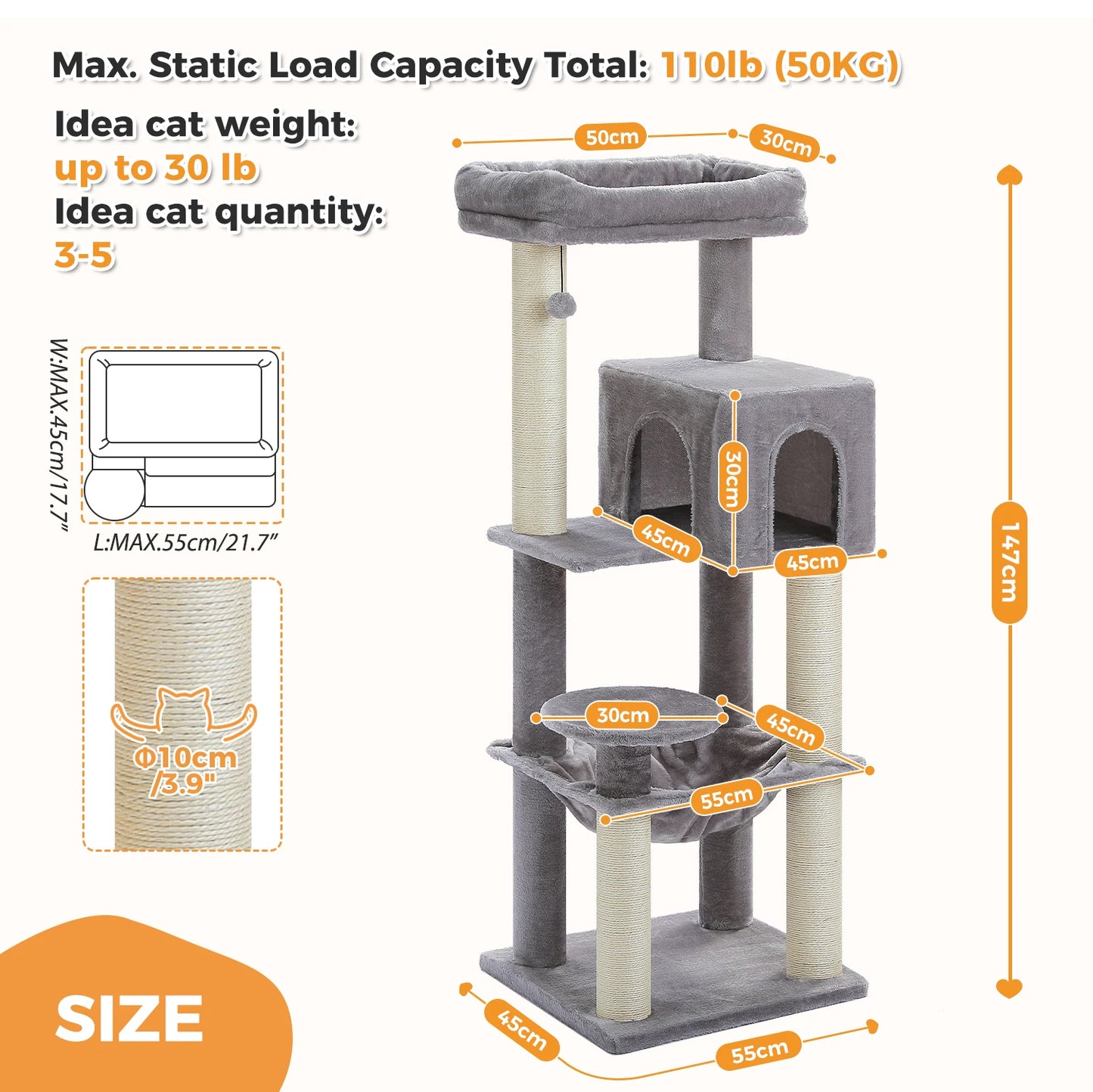 PAWZ Road Cat Tree With Thick Scratching Posts Hammock