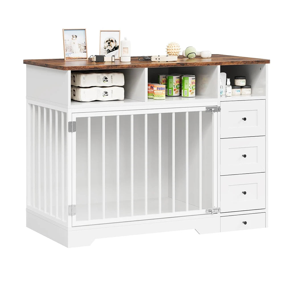HiMISSH Farmhouse Dog Crate Furniture With Bowl And Drawers