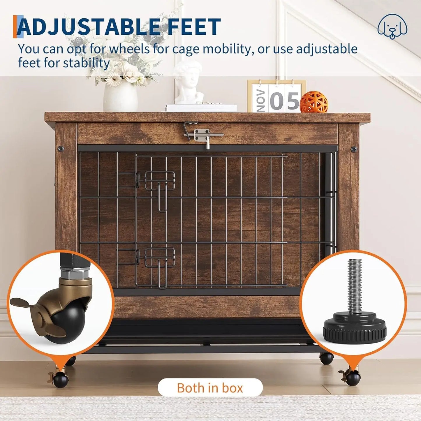 TWISTER.CK Dog Crate Furniture Iron Double-Door Kennel With Tray Wheels