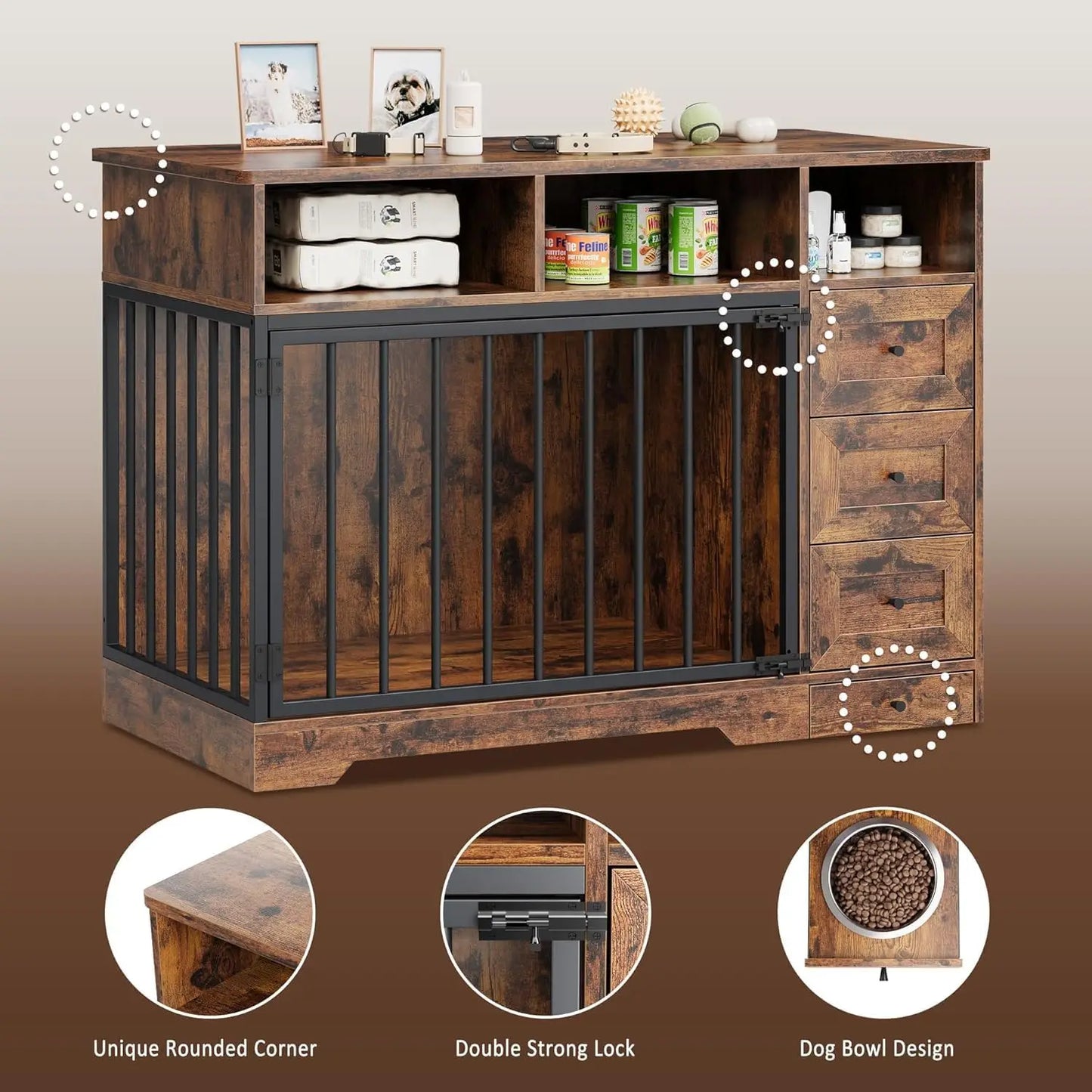 HiMISSH Farmhouse Dog Crate Furniture With Bowl And Drawers