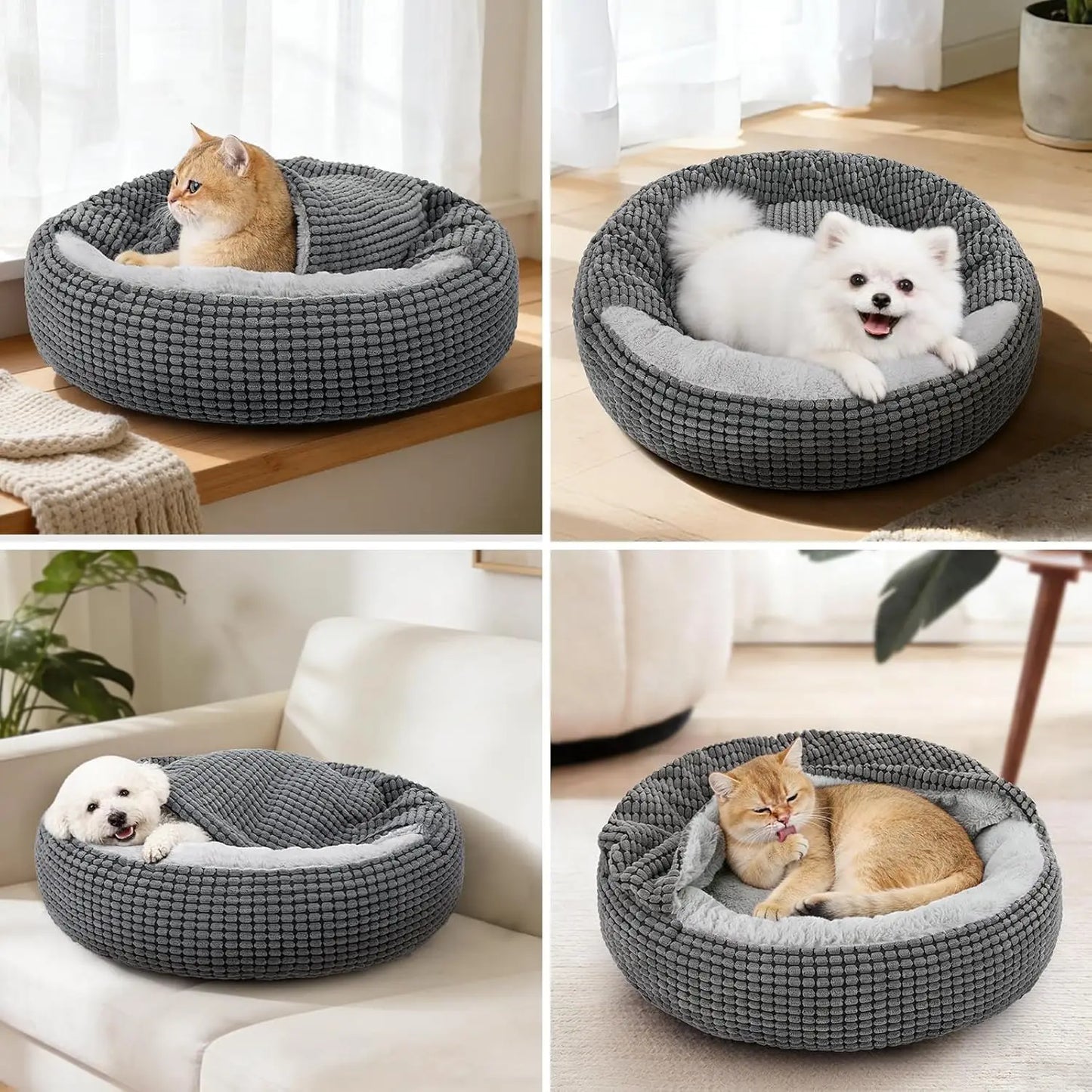 Cozy Donut Hooded Pet Bed With Blanket Attached Washable Orthopedic