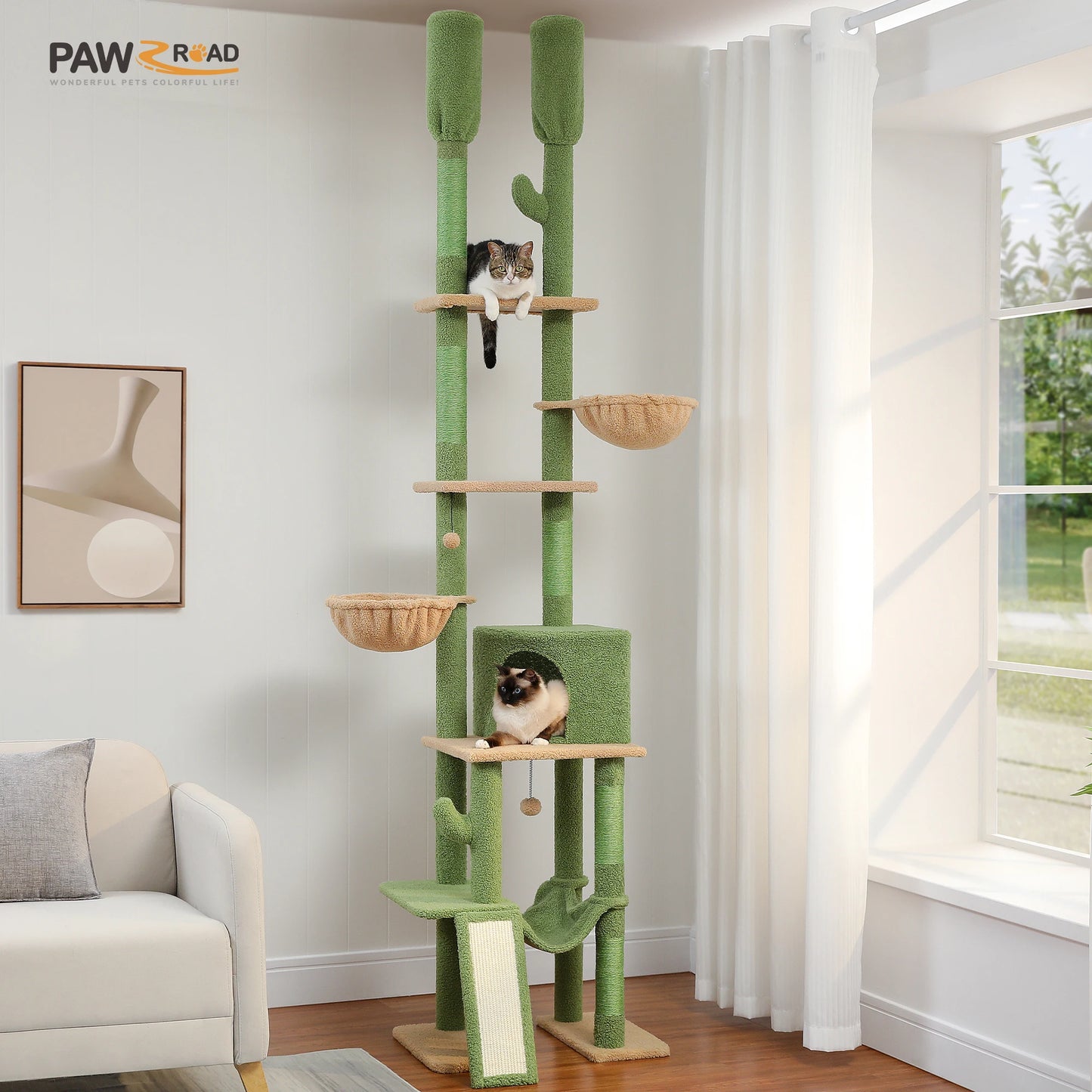 PAWZ Road Cactus Cat Tree Floor To Ceiling Tower Hammocks