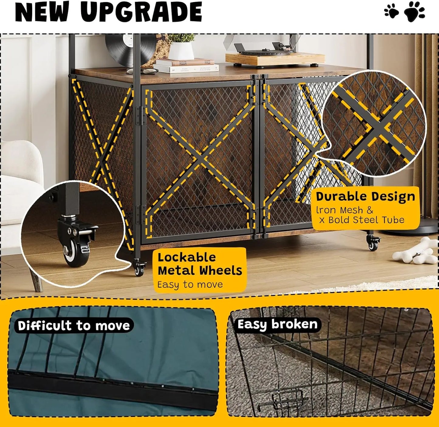 HiMISS Heavy Duty Dog Crate End Table With Lockable Wheels