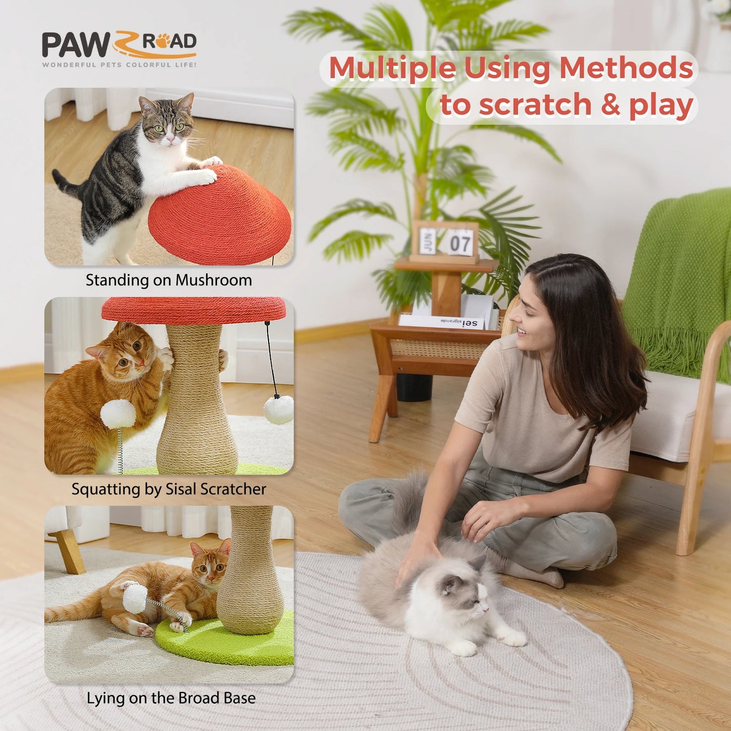 PAWZ Road Mushroom Cat Scratching Post With Sisal And Pompoms