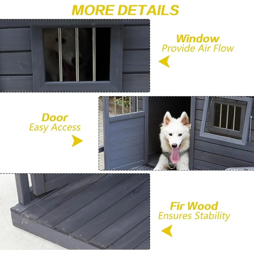 Weatherproof Wooden Dog Kennel With Porch Door Window