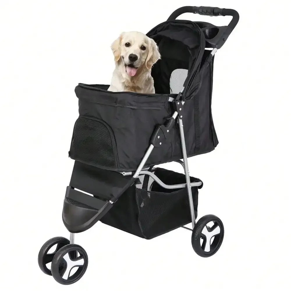 Foldable Three Wheel Dog Stroller With Cup Holder For Pets