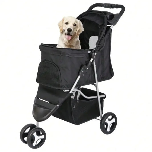 Foldable Three Wheel Dog Stroller With Cup Holder For Pets