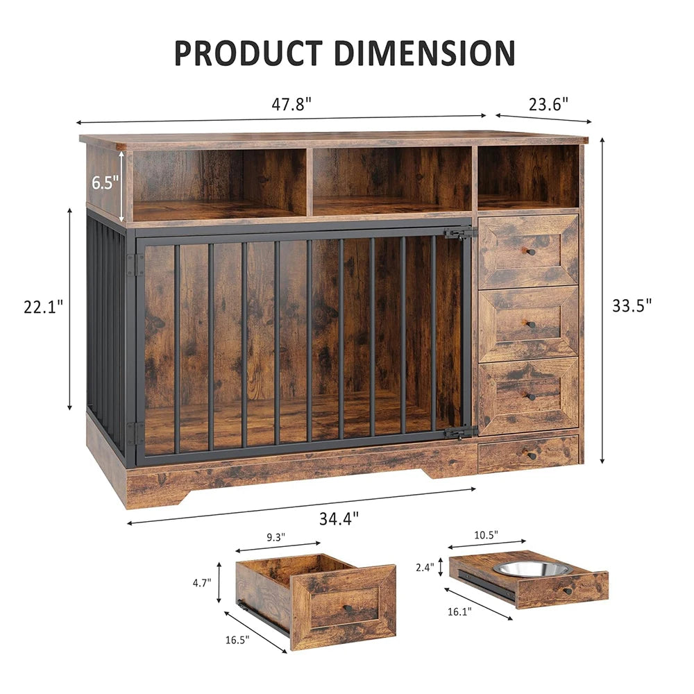 HiMISSH Farmhouse Dog Crate Furniture With Bowl And Drawers