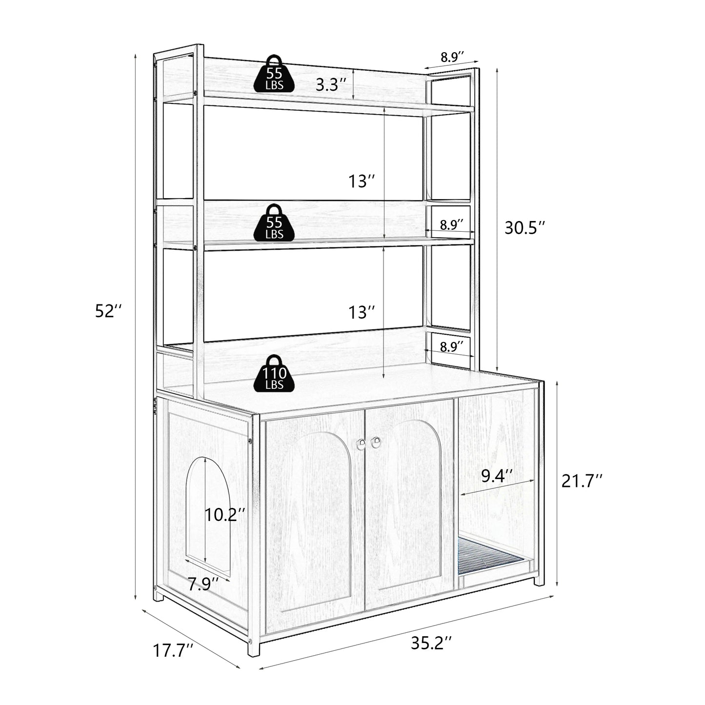 HiMISS Wooden Hidden Cat Litter Box Enclosure With Shelves