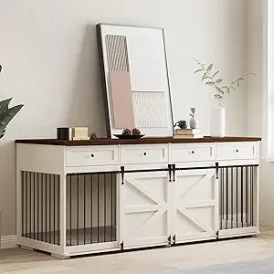 Indoor Wooden Dog Crate With Drawers And Sliding Barn Doors