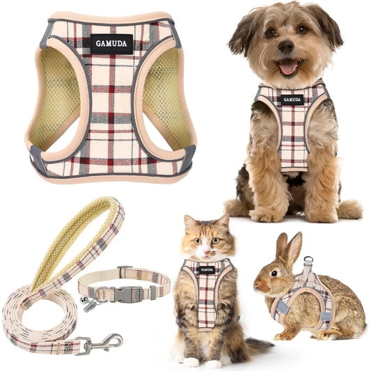 Adjustable Soft Mesh Dog Harness Leash Set Reflective Plaid Design