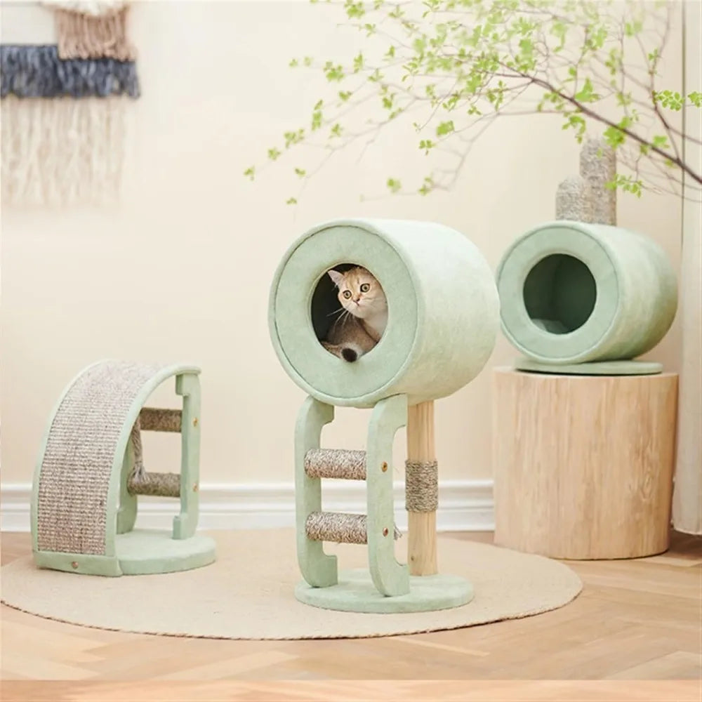 Wooden Cat Tower With Integrated Litter Box And Scratching Board