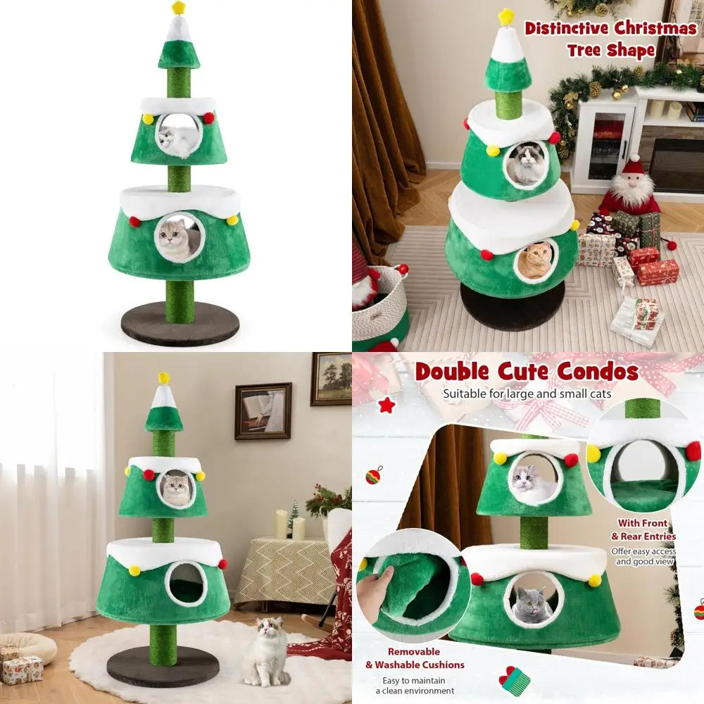 Christmas Themed Cat Tree With Two Condos And Scratching Posts