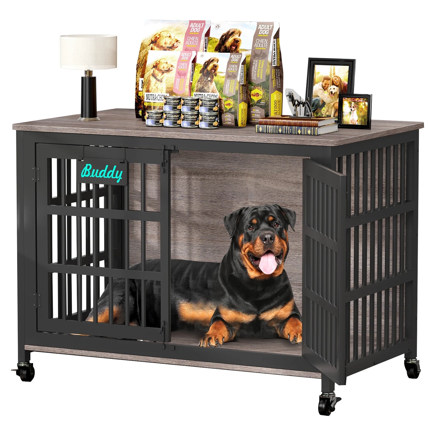 Furniture Style Dog Crate With Casters Indoor Kennel For Home