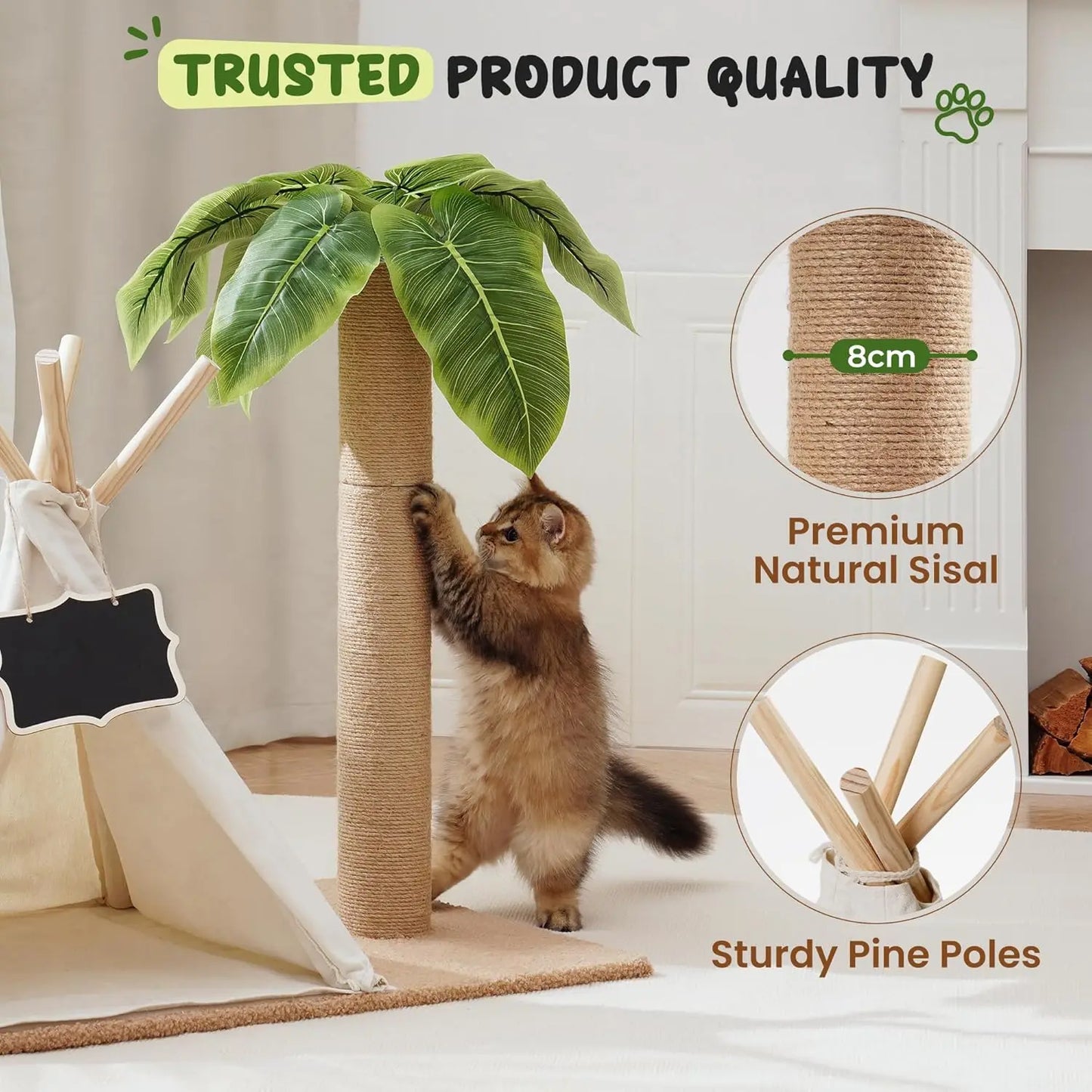MEWOOFUN Cat Scratching Post Teepee Tree With Simulated Leaves