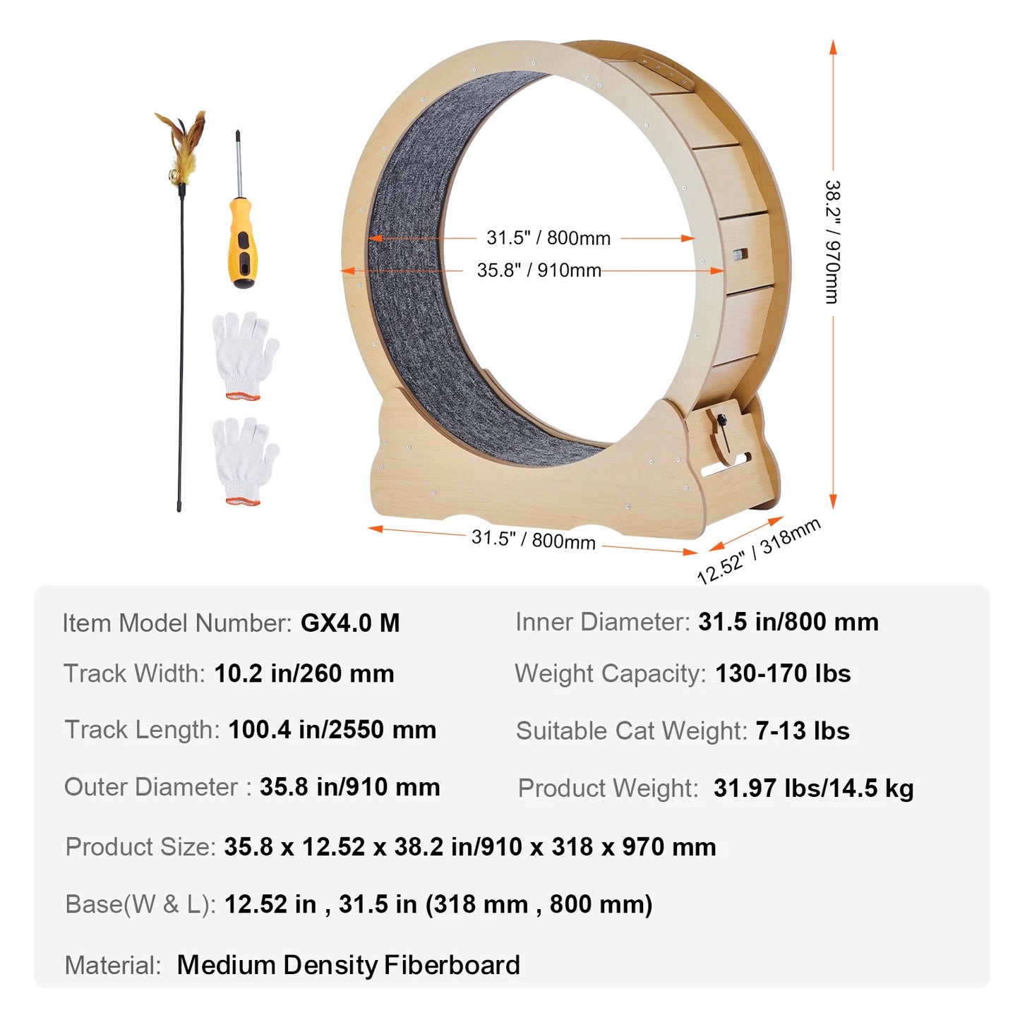 SucceBuy Wooden Cat Exercise Wheel Detachable Carpet Indoor Running
