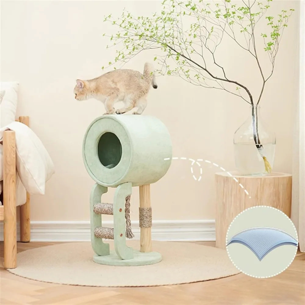 Wooden Cat Tower With Integrated Litter Box And Scratching Board