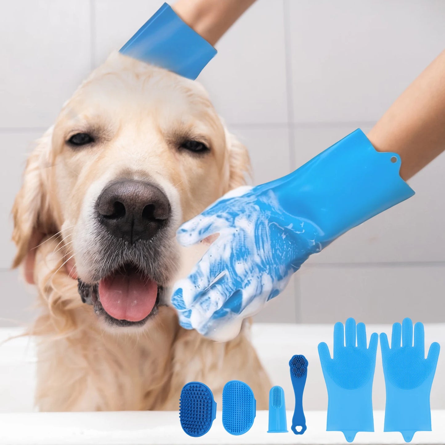 Six Piece Silicone Pet Grooming Gloves And Bath Brush Set For Dogs And Cats
