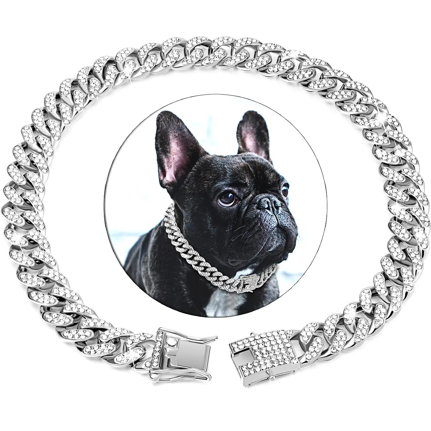 NONECN Diamond Cuban Dog Collar with Stainless Steel Chain Buckle