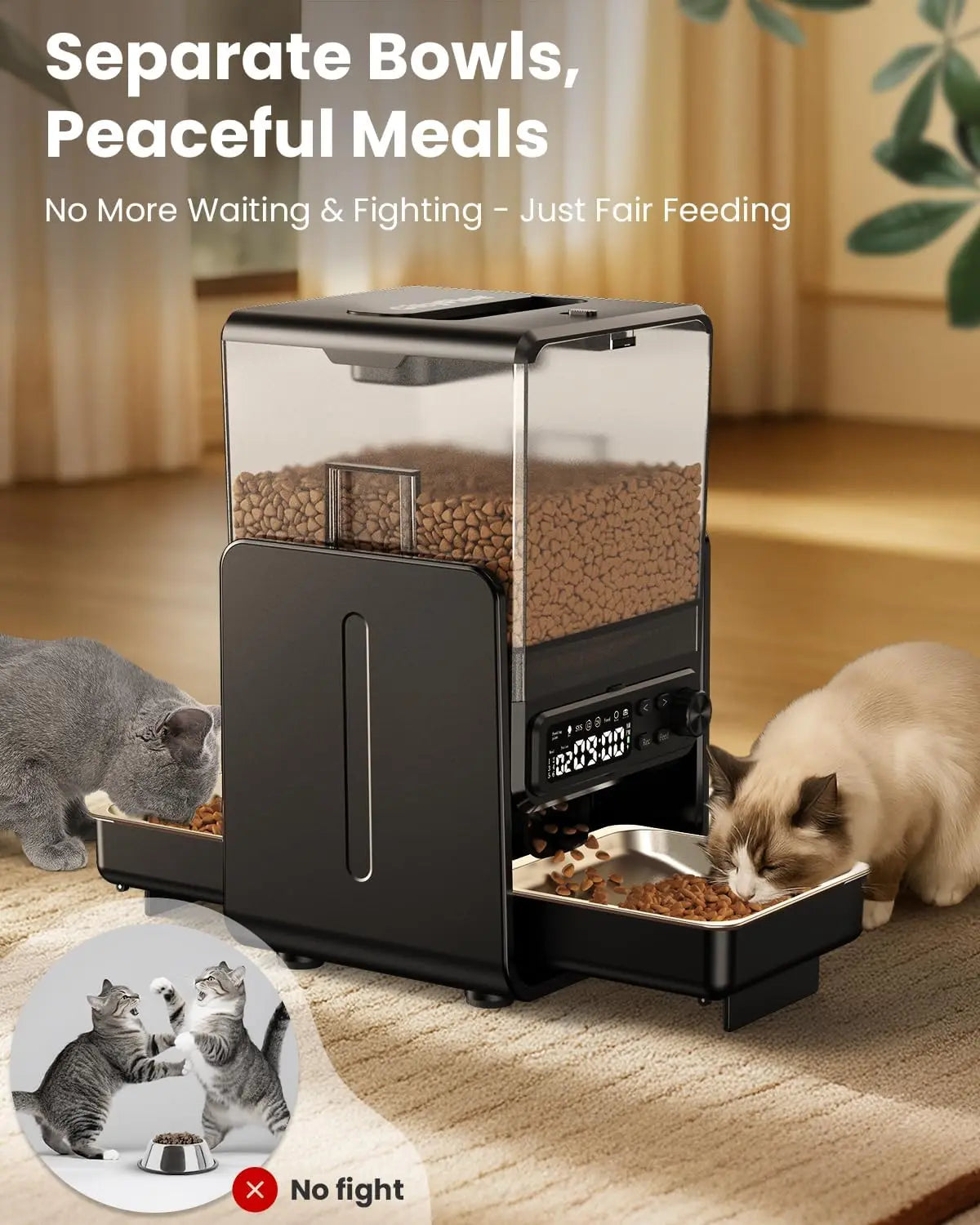 Automatic Cat Feeder For 2 Cats With Adjustable Dual Bowls