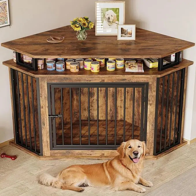 Wooden Corner Dog Crate With Two Tier Shelves Kennel