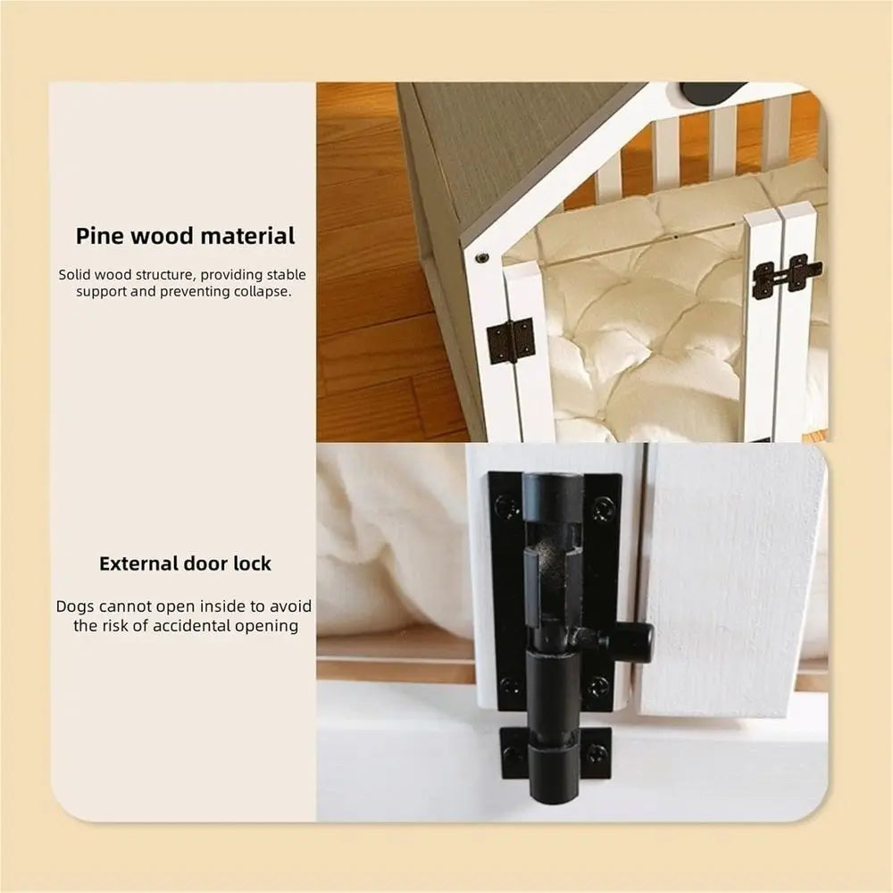 Indoor Pine Wood Dog House With Cushion And Double Doors