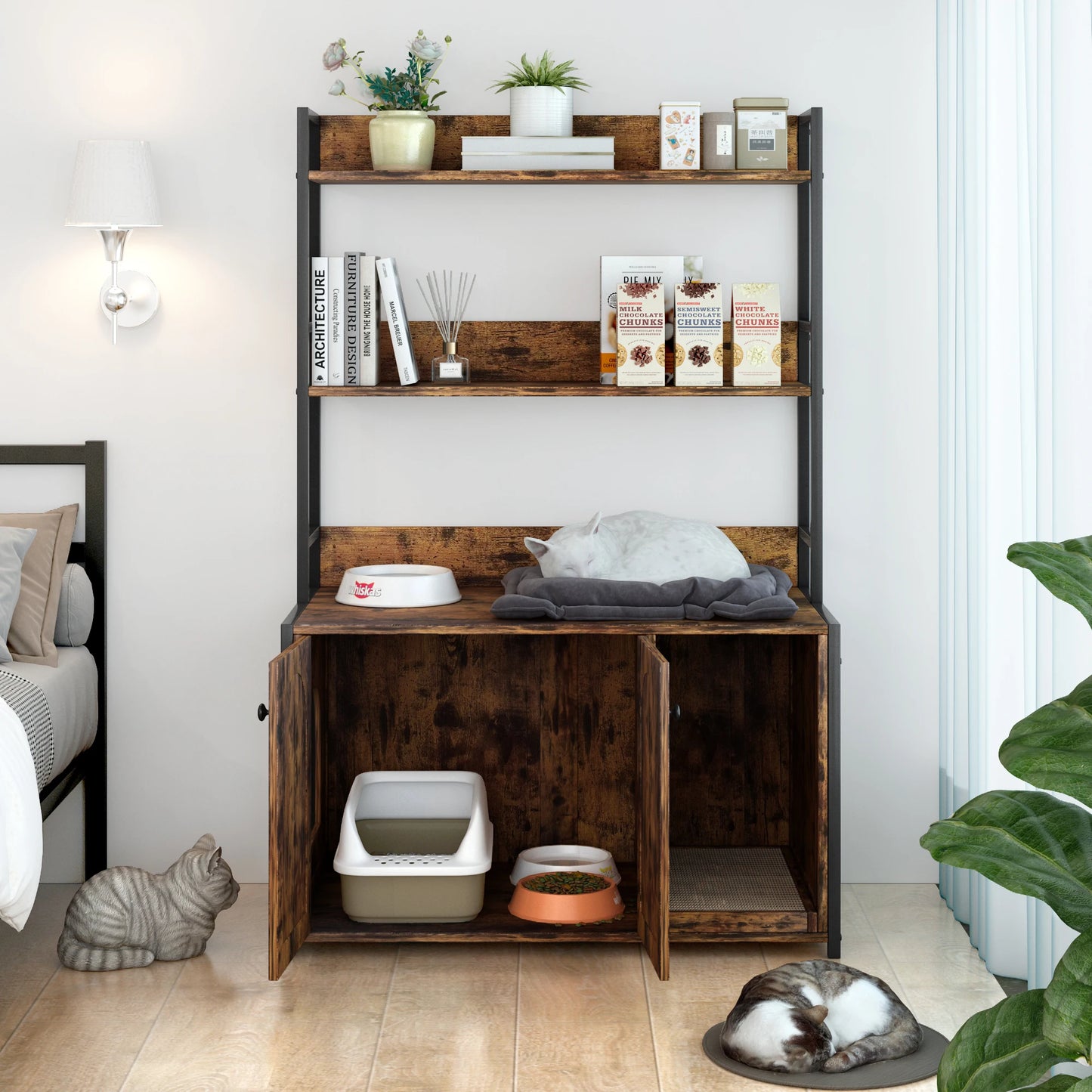 HiMISS Wooden Hidden Cat Litter Box Enclosure With Shelves