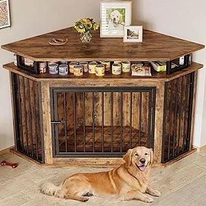 DAFIFY Corner Wooden Dog Crate Furniture With Two Tier Shelves