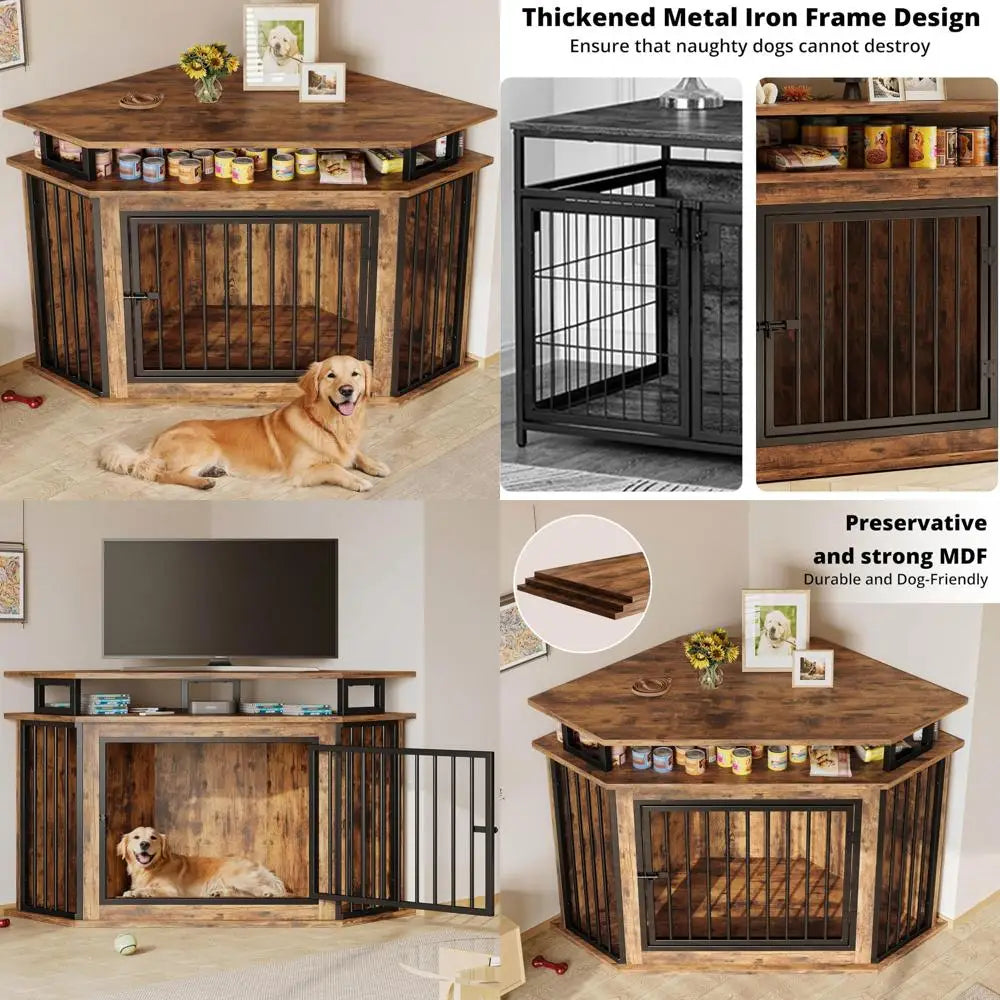 DAFIFY Corner Wooden Dog Crate Furniture With Two Tier Shelves