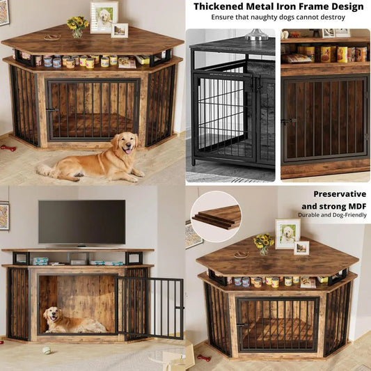 DAFIFY Corner Wooden Dog Crate Furniture With Two Tier Shelves