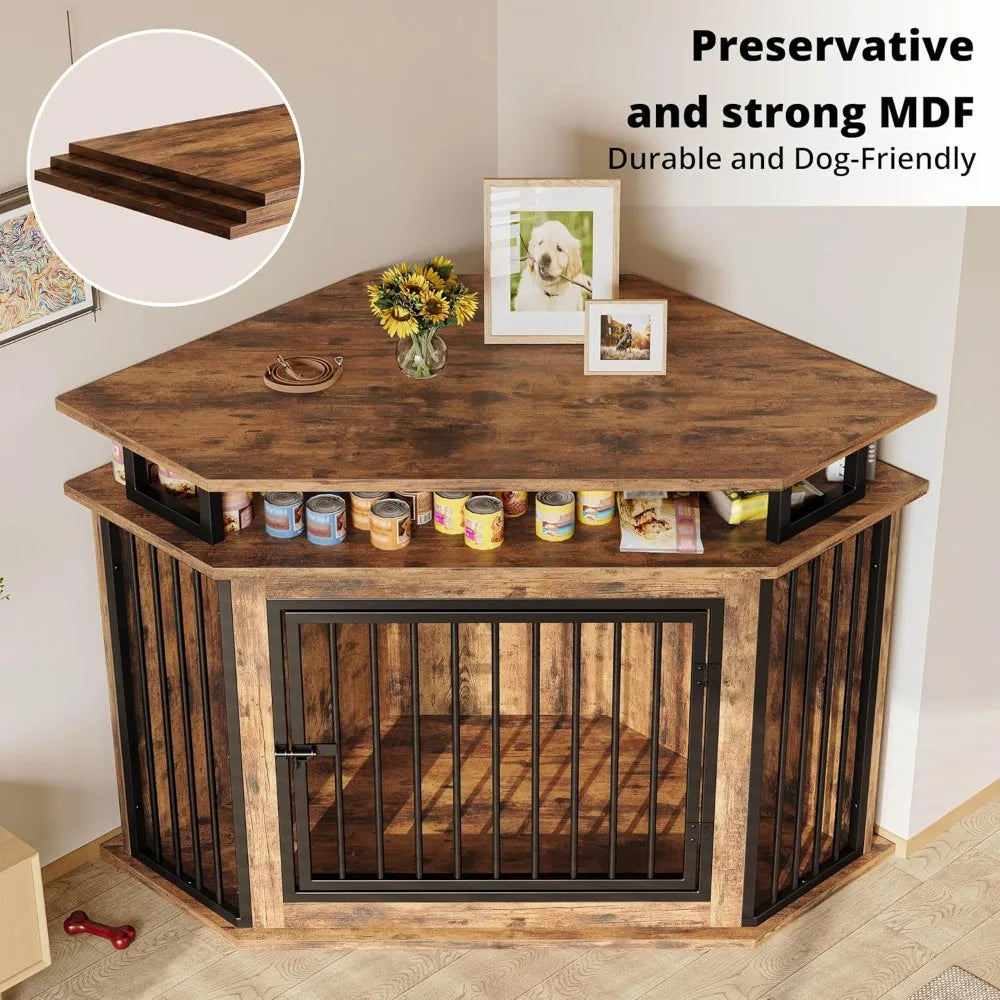 DAFIFY Corner Wooden Dog Crate Furniture With Two Tier Shelves
