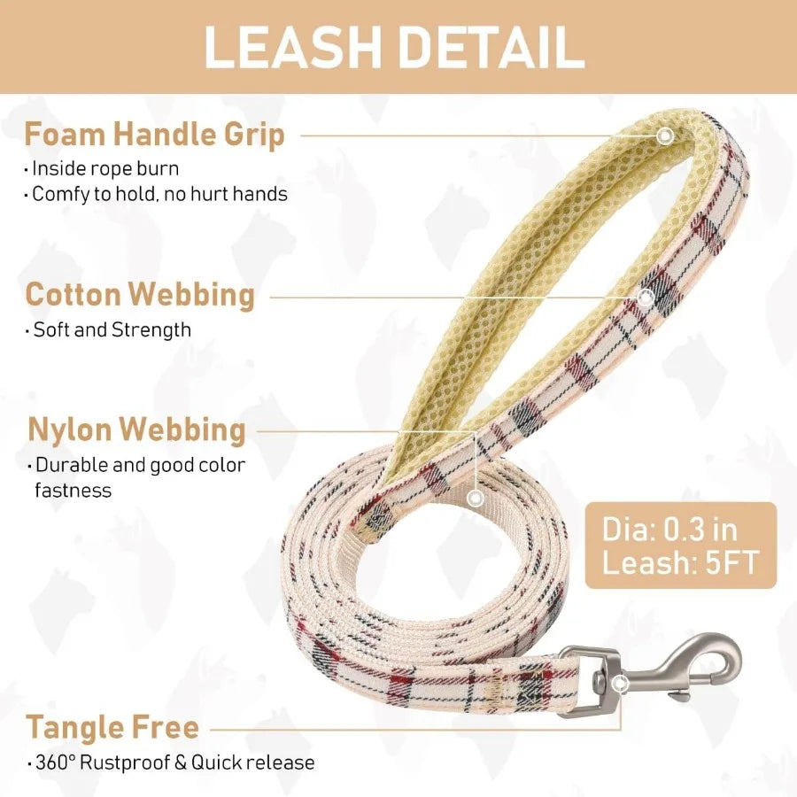 Adjustable Soft Mesh Dog Harness Leash Set Reflective Plaid Design