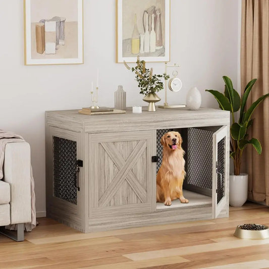 Wooden Dog Kennel End Table With Mesh For Indoor Use