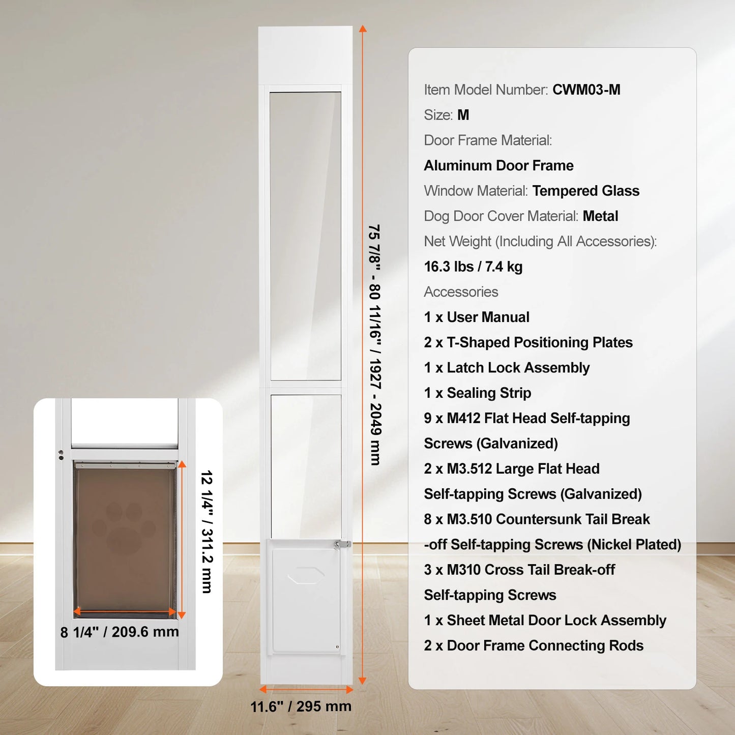 SucceBuy Sliding Glass Dog Door With Adjustable Height Aluminum Frame