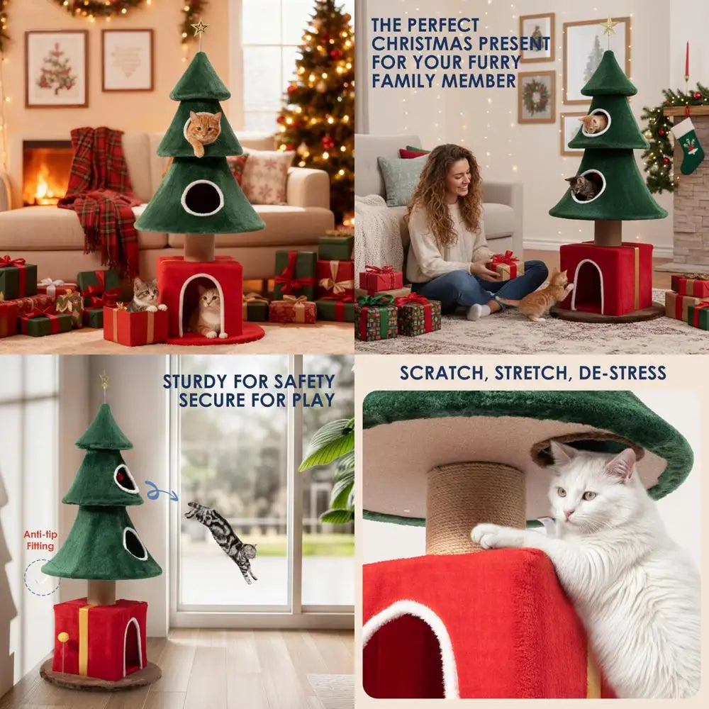 Elevated Indoor Christmas Cat Tree With Triple Access Points And Scratching Posts