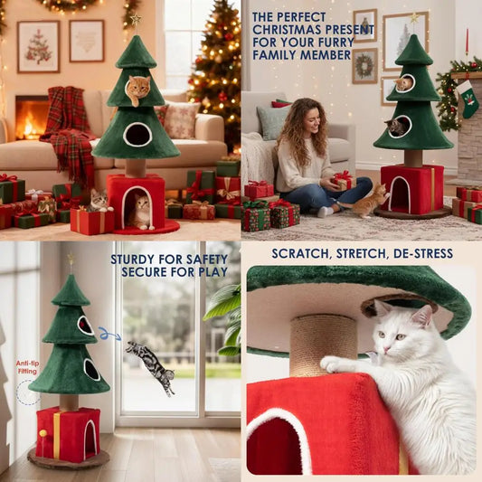 Elevated Indoor Christmas Cat Tree With Triple Access Points And Scratching Posts