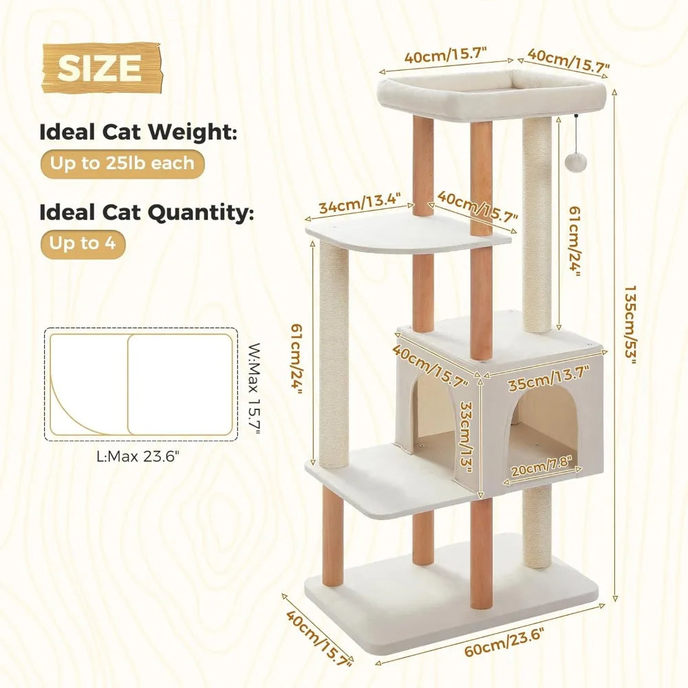 Wooden Cat Tree For Large Indoor Cats With Scratching Posts