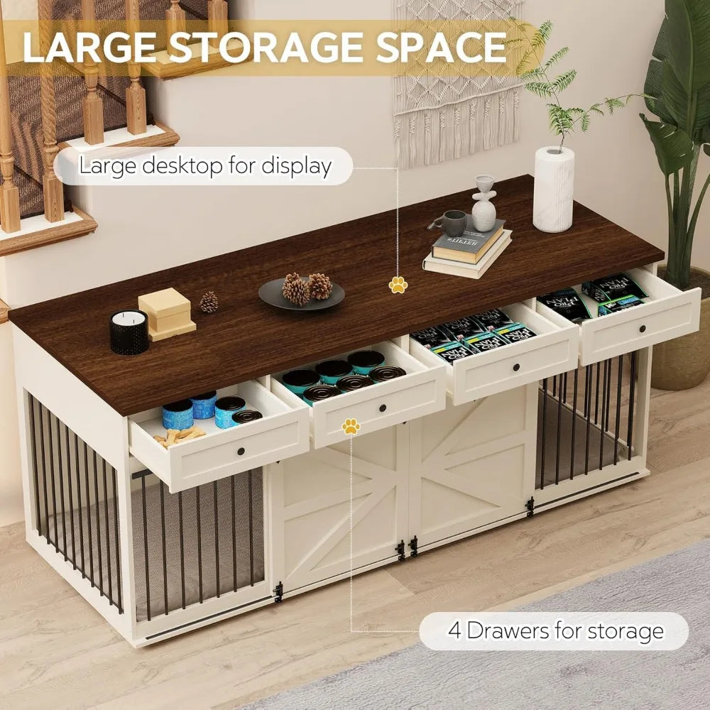 Indoor Wooden Dog Crate With Drawers And Sliding Barn Doors