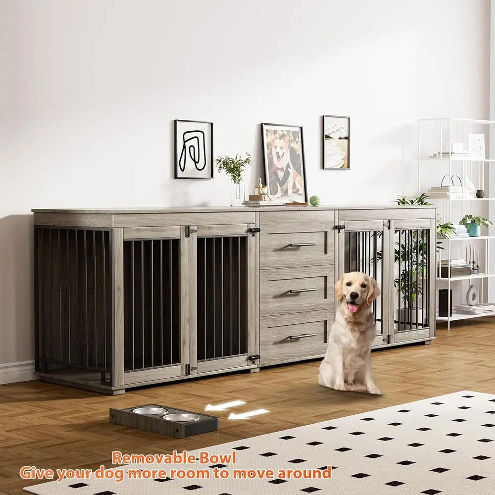 Engineered Wood Dog Crate With Storage And Four Bowls
