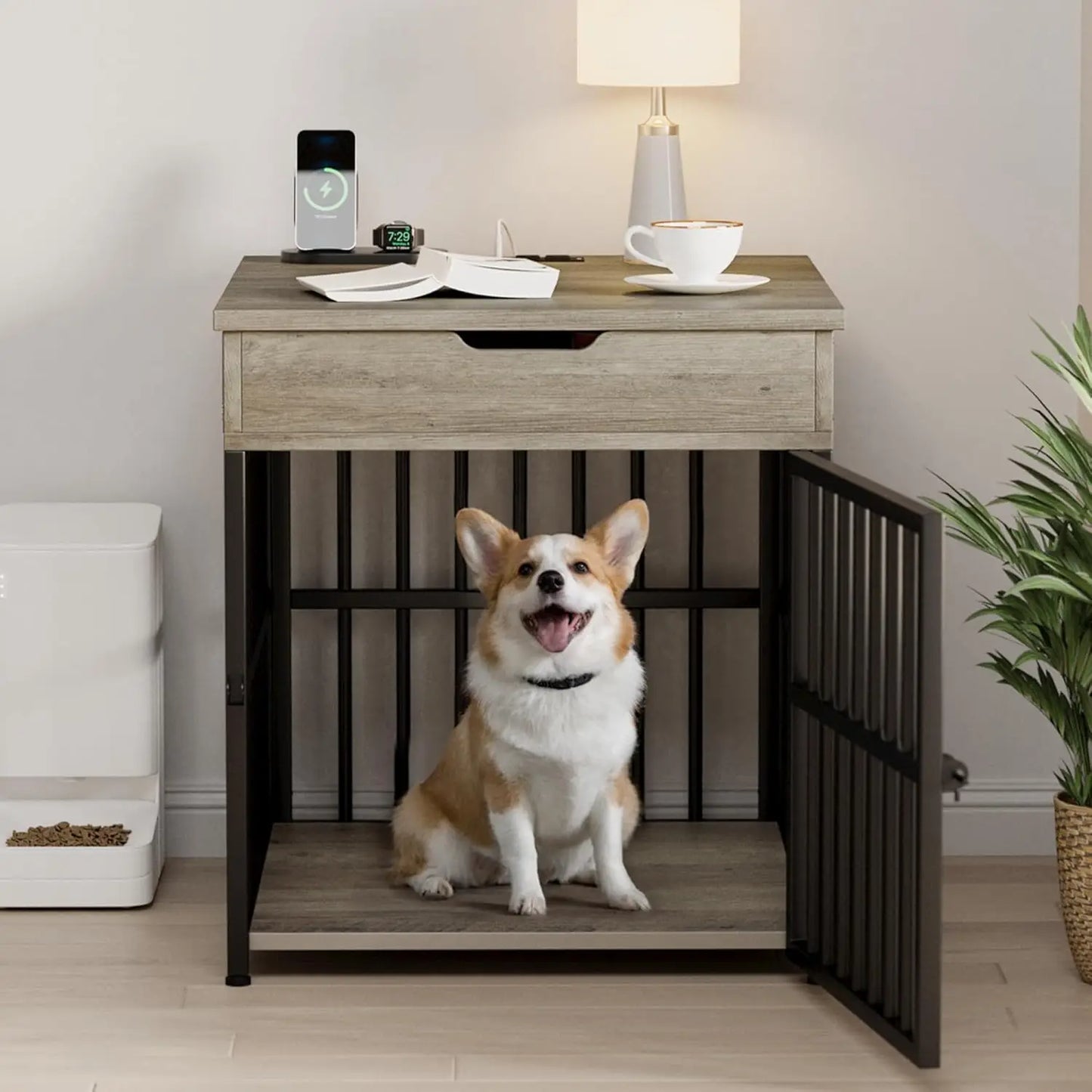 Wooden Dog Kennel End Table Crate With Flip Top Drawer